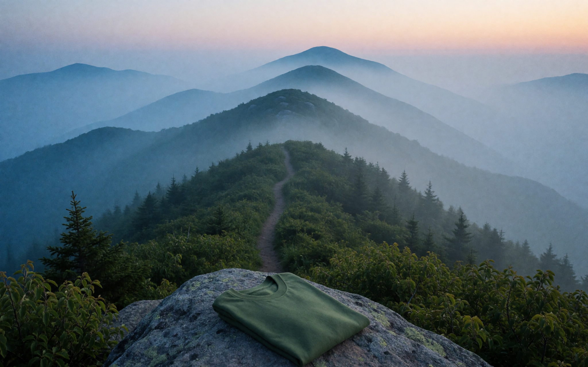 A word-only tee laid on a granite outcrop above layered ridges